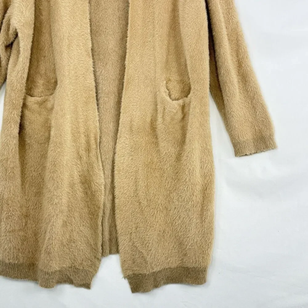 STELEN Fuzzy Knit Long Cardigan Sweater Camel Tan Open Front Slouchy Womens Sz M